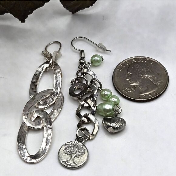 "5/$25" Mismatched Silvertone Beaded Tree of Life/Circle Dangle Earrings - Picture 5 of 8